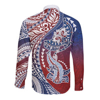Hawaiian Manta Ray and Hammerhead Shark Tribal Tattoo Long Sleeve Button Shirt with Polynesian Tribal Pattern Hawaii Flag Color LT03 - Polynesian Pride