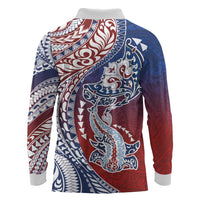 Hawaiian Manta Ray and Hammerhead Shark Tribal Tattoo Long Sleeve Polo Shirt with Polynesian Tribal Pattern Hawaii Flag Color LT03 - Polynesian Pride
