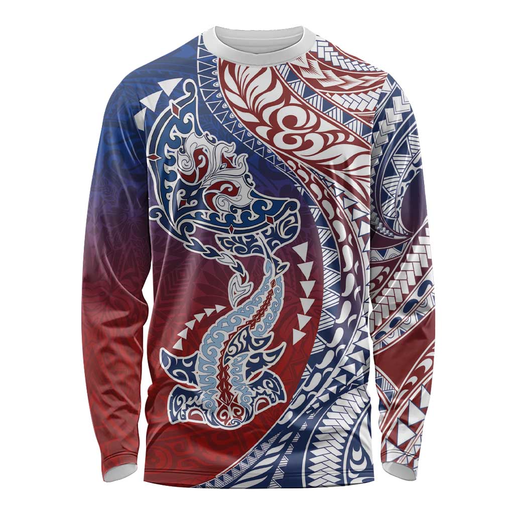 Hawaiian Manta Ray and Hammerhead Shark Tribal Tattoo Long Sleeve Shirt with Polynesian Tribal Pattern Hawaii Flag Color LT03 Unisex Multicolor - Polynesian Pride