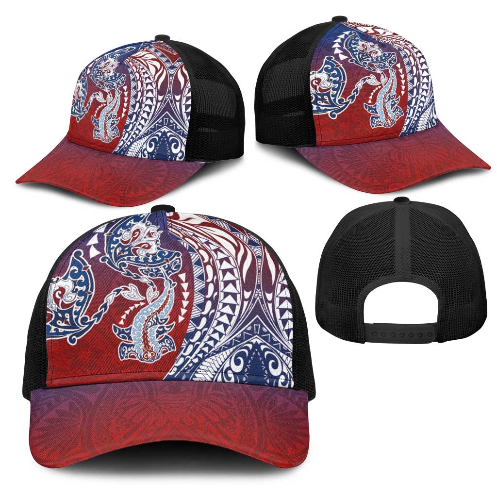 Hawaiian Manta Ray and Hammerhead Shark Tribal Tattoo Mesh Trucker Cap with Polynesian Tribal Pattern Hawaii Flag Color LT03 - Polynesian Pride