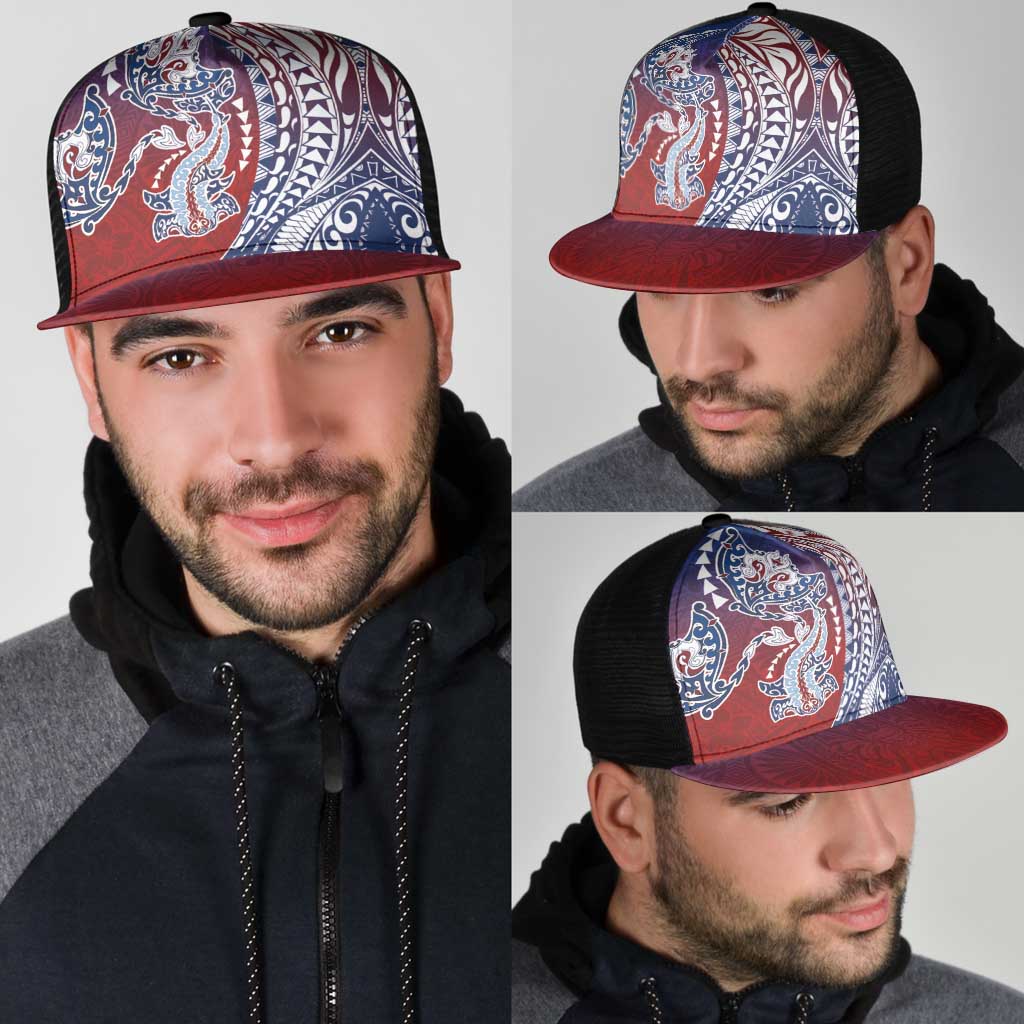 Hawaiian Manta Ray and Hammerhead Shark Tribal Tattoo Mesh Trucker Cap with Polynesian Tribal Pattern Hawaii Flag Color LT03 - Polynesian Pride