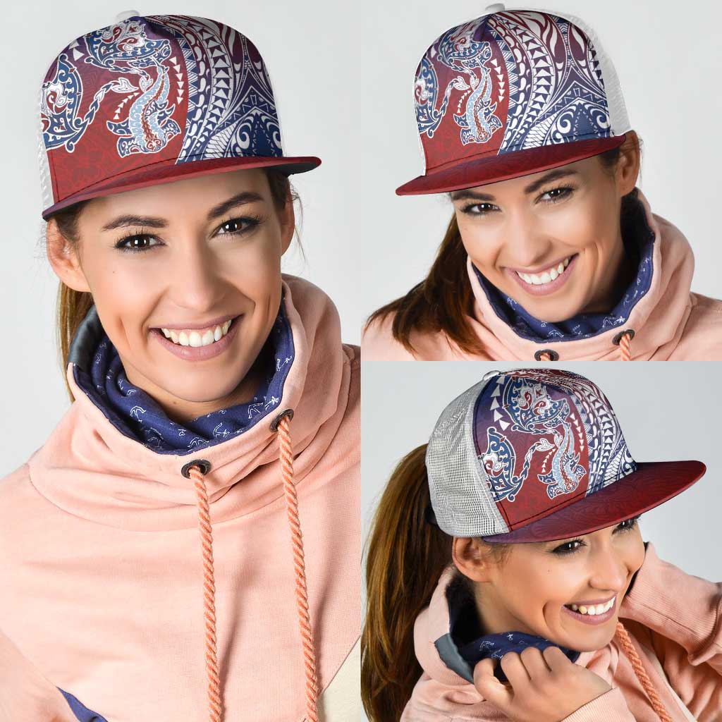 Hawaiian Manta Ray and Hammerhead Shark Tribal Tattoo Mesh Trucker Cap with Polynesian Tribal Pattern Hawaii Flag Color LT03 - Polynesian Pride