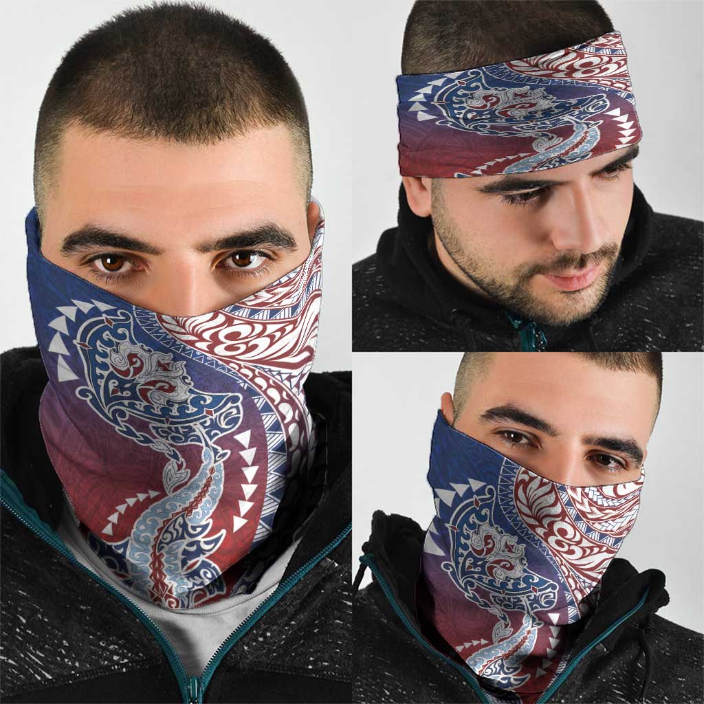 Hawaiian Manta Ray and Hammerhead Shark Tribal Tattoo Neck Gaiter with Polynesian Tribal Pattern Hawaii Flag Color LT03 - Polynesian Pride