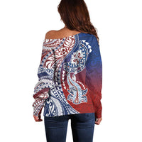 Hawaiian Manta Ray and Hammerhead Shark Tribal Tattoo Off Shoulder Sweater with Polynesian Tribal Pattern Hawaii Flag Color LT03 - Polynesian Pride