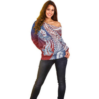 Hawaiian Manta Ray and Hammerhead Shark Tribal Tattoo Off Shoulder Sweater with Polynesian Tribal Pattern Hawaii Flag Color LT03 - Polynesian Pride