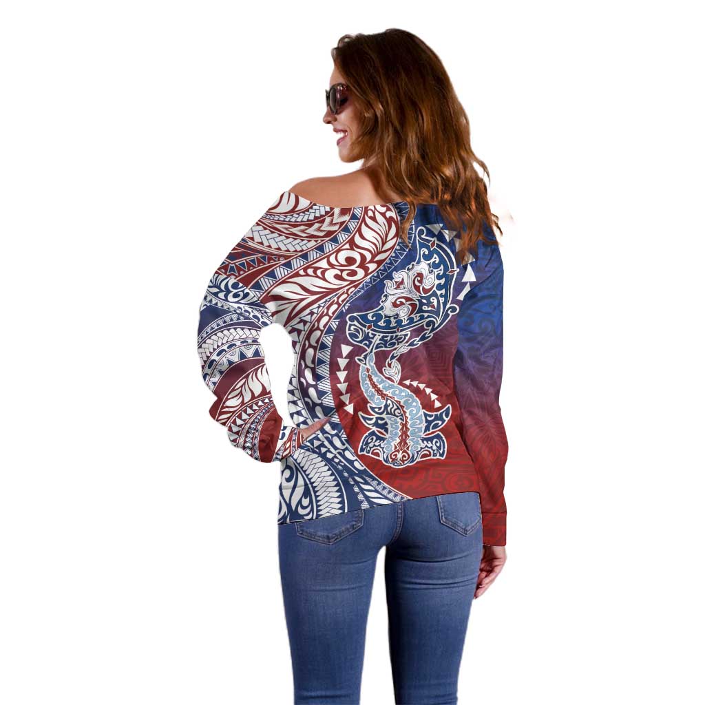 Hawaiian Manta Ray and Hammerhead Shark Tribal Tattoo Off Shoulder Sweater with Polynesian Tribal Pattern Hawaii Flag Color LT03 - Polynesian Pride