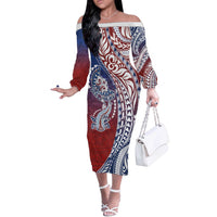 Hawaiian Manta Ray and Hammerhead Shark Tribal Tattoo Off The Shoulder Long Sleeve Dress with Polynesian Tribal Pattern Hawaii Flag Color LT03 Women Multicolor - Polynesian Pride