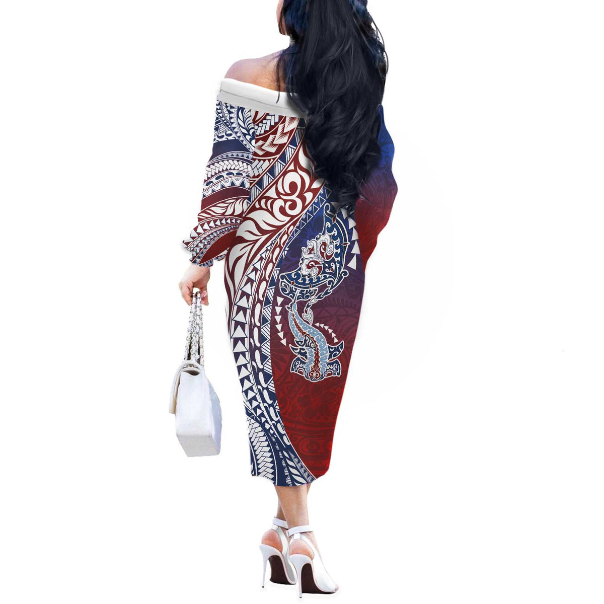 Hawaiian Manta Ray and Hammerhead Shark Tribal Tattoo Off The Shoulder Long Sleeve Dress with Polynesian Tribal Pattern Hawaii Flag Color LT03 - Polynesian Pride