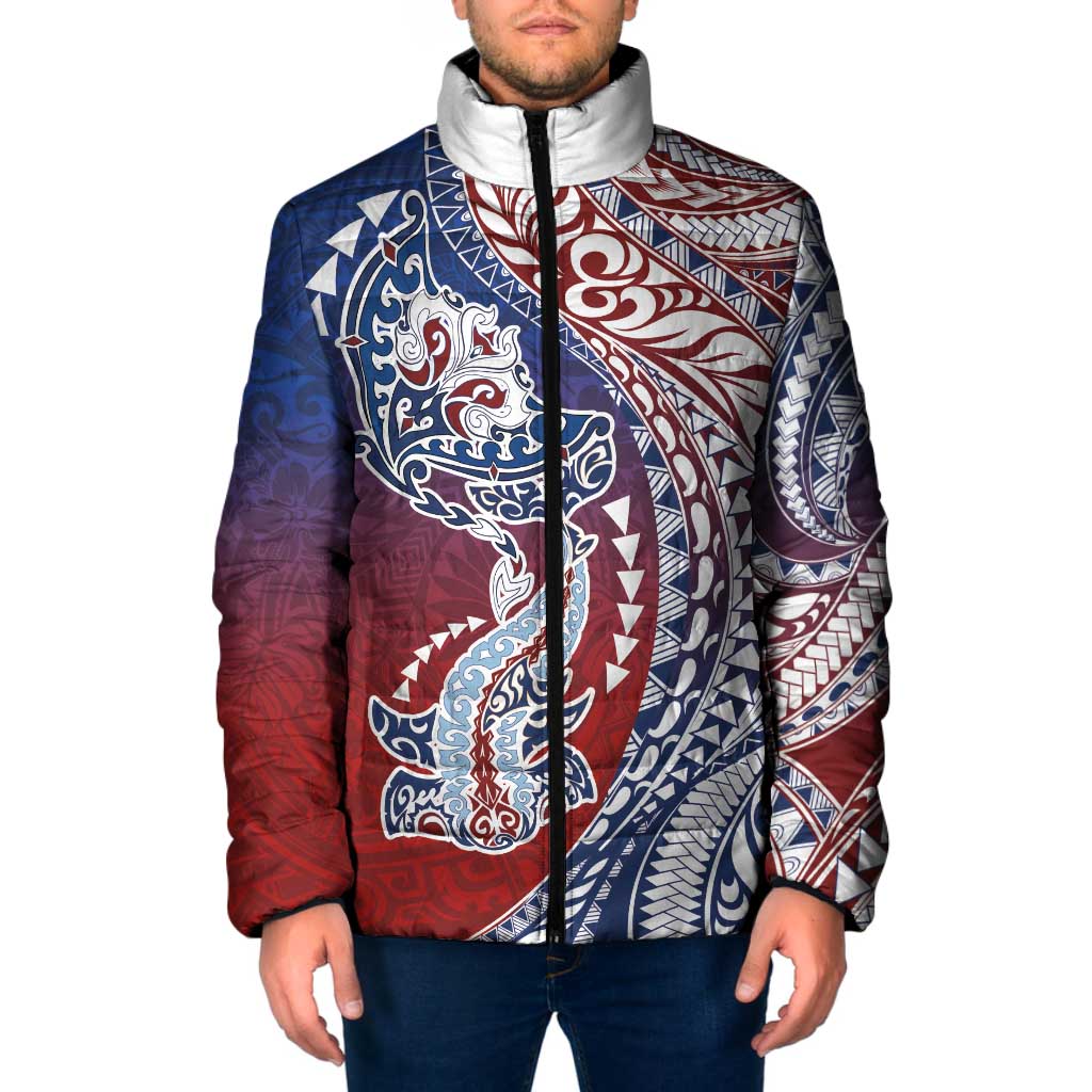 Hawaiian Manta Ray and Hammerhead Shark Tribal Tattoo Padded Jacket with Polynesian Tribal Pattern Hawaii Flag Color LT03 Men Multicolor - Polynesian Pride