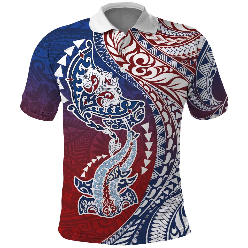 Hawaiian Manta Ray and Hammerhead Shark Tribal Tattoo Polo Shirt with Polynesian Tribal Pattern Hawaii Flag Color LT03 Multicolor - Polynesian Pride