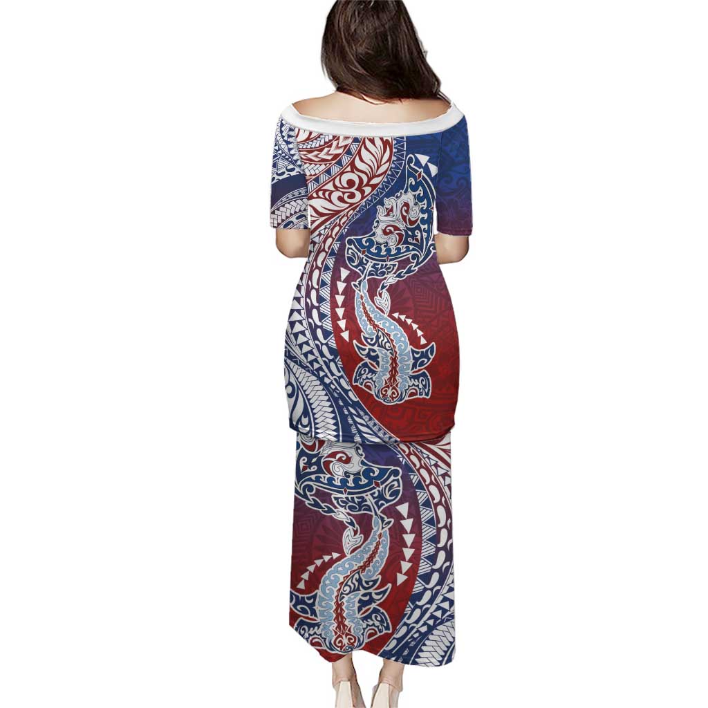 Hawaiian Manta Ray and Hammerhead Shark Tribal Tattoo Puletasi with Polynesian Tribal Pattern Hawaii Flag Color LT03 - Polynesian Pride