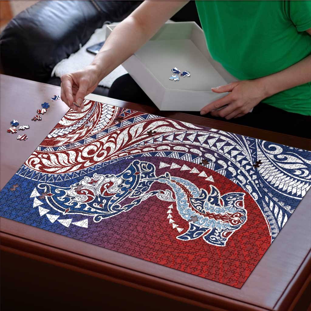 Hawaiian Manta Ray and Hammerhead Shark Tribal Tattoo Puzzle with Polynesian Tribal Pattern Hawaii Flag Color LT03 - Polynesian Pride