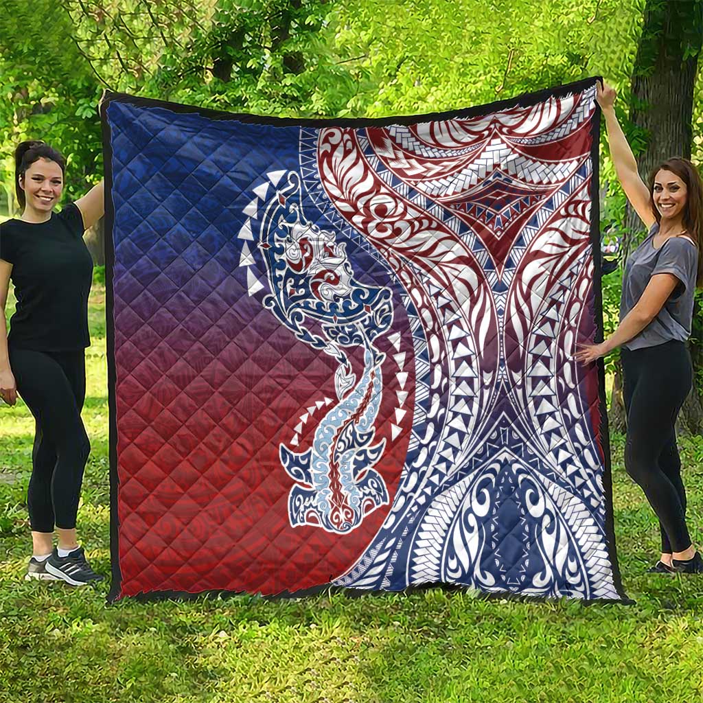 Hawaiian Manta Ray and Hammerhead Shark Tribal Tattoo Quilt with Polynesian Tribal Pattern Hawaii Flag Color LT03 - Polynesian Pride