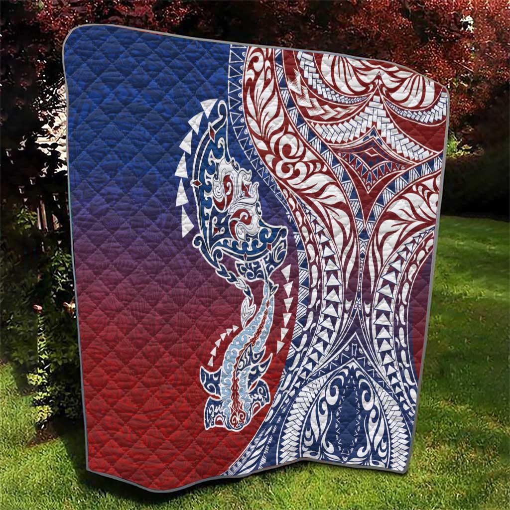 Hawaiian Manta Ray and Hammerhead Shark Tribal Tattoo Quilt with Polynesian Tribal Pattern Hawaii Flag Color LT03 - Polynesian Pride