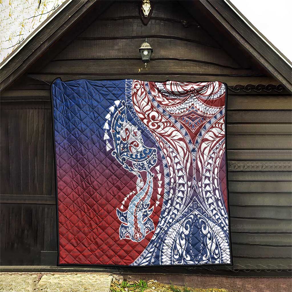 Hawaiian Manta Ray and Hammerhead Shark Tribal Tattoo Quilt with Polynesian Tribal Pattern Hawaii Flag Color LT03 - Polynesian Pride