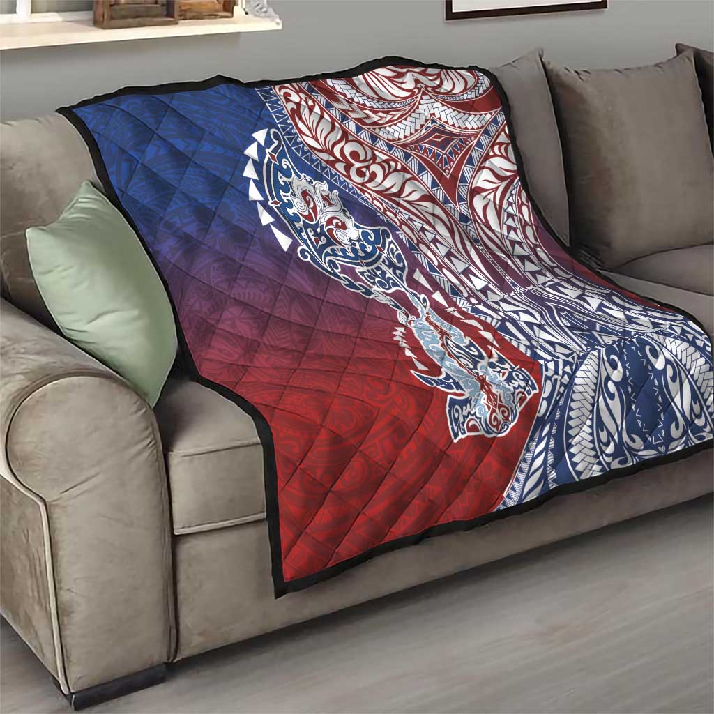 Hawaiian Manta Ray and Hammerhead Shark Tribal Tattoo Quilt with Polynesian Tribal Pattern Hawaii Flag Color LT03 - Polynesian Pride