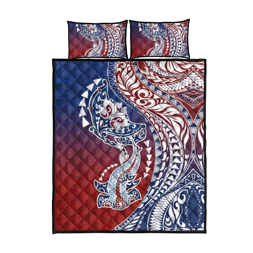 Hawaiian Manta Ray and Hammerhead Shark Tribal Tattoo Quilt Bed Set with Polynesian Tribal Pattern Hawaii Flag Color LT03 - Polynesian Pride