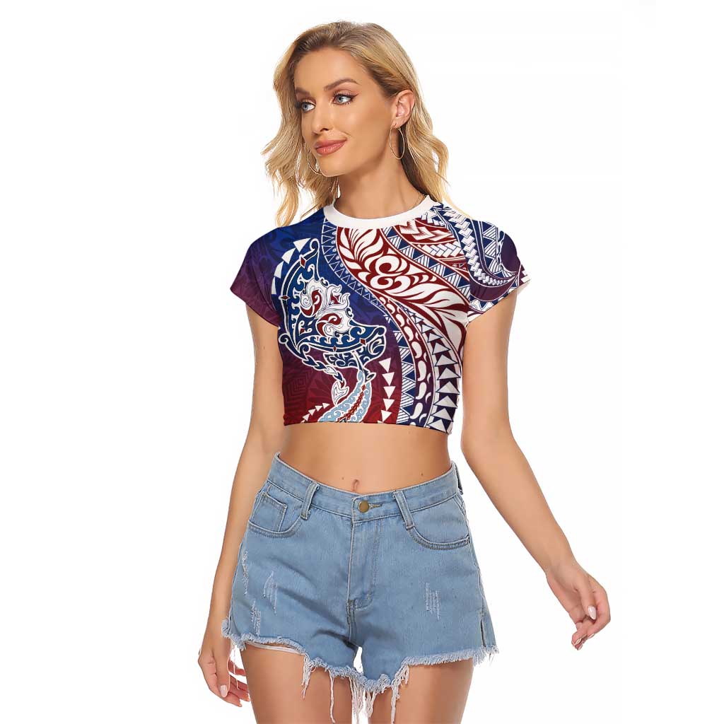 Hawaiian Manta Ray and Hammerhead Shark Tribal Tattoo Raglan Cropped T Shirt with Polynesian Tribal Pattern Hawaii Flag Color LT03 Female Multicolor - Polynesian Pride