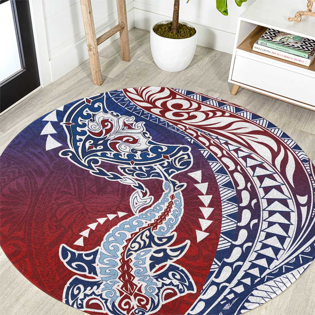Hawaiian Manta Ray and Hammerhead Shark Tribal Tattoo Round Carpet with Polynesian Tribal Pattern Hawaii Flag Color