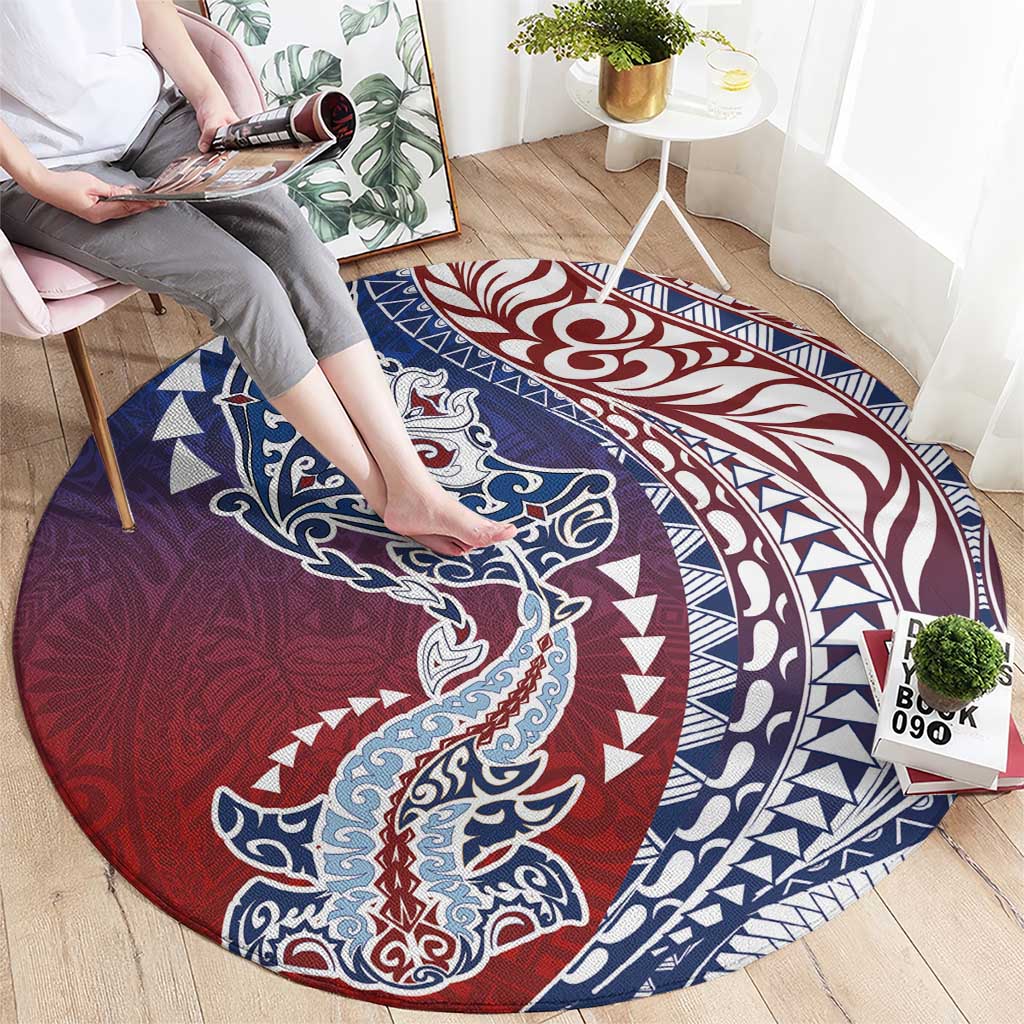 Hawaiian Manta Ray and Hammerhead Shark Tribal Tattoo Round Carpet with Polynesian Tribal Pattern Hawaii Flag Color LT03 - Polynesian Pride