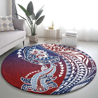 Hawaiian Manta Ray and Hammerhead Shark Tribal Tattoo Round Carpet with Polynesian Tribal Pattern Hawaii Flag Color LT03 - Polynesian Pride