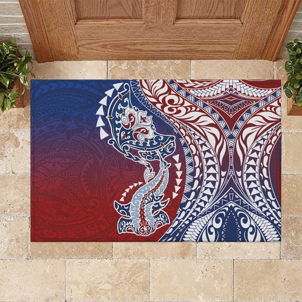 Hawaiian Manta Ray and Hammerhead Shark Tribal Tattoo Rubber Doormat with Polynesian Tribal Pattern Hawaii Flag Color LT03 Multicolor - Polynesian Pride