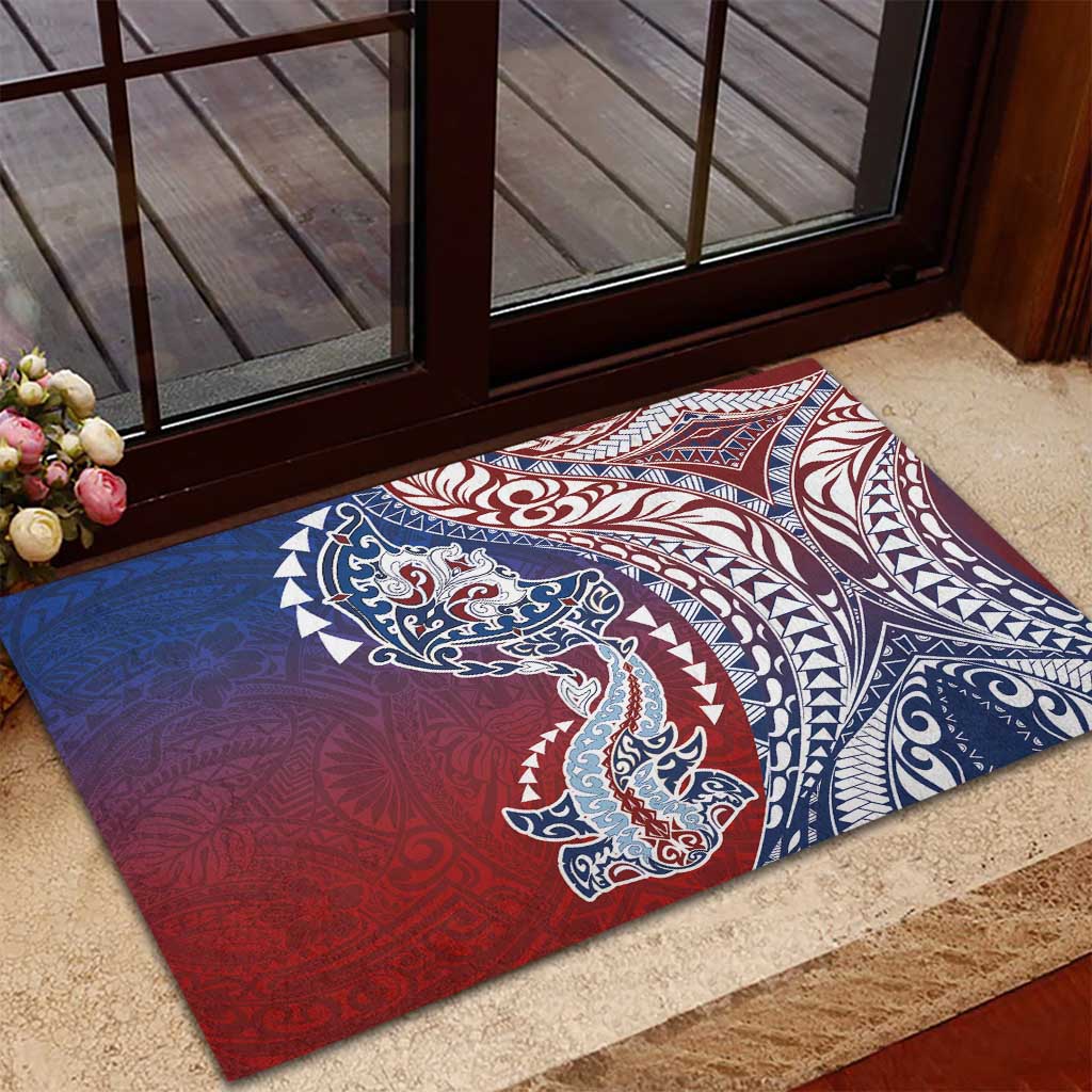 Hawaiian Manta Ray and Hammerhead Shark Tribal Tattoo Rubber Doormat with Polynesian Tribal Pattern Hawaii Flag Color LT03 - Polynesian Pride