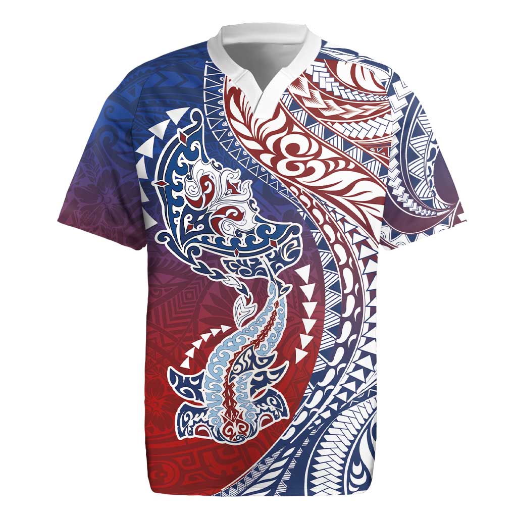 Hawaiian Manta Ray and Hammerhead Shark Tribal Tattoo Rugby Jersey with Polynesian Tribal Pattern Hawaii Flag Color LT03 Multicolor - Polynesian Pride