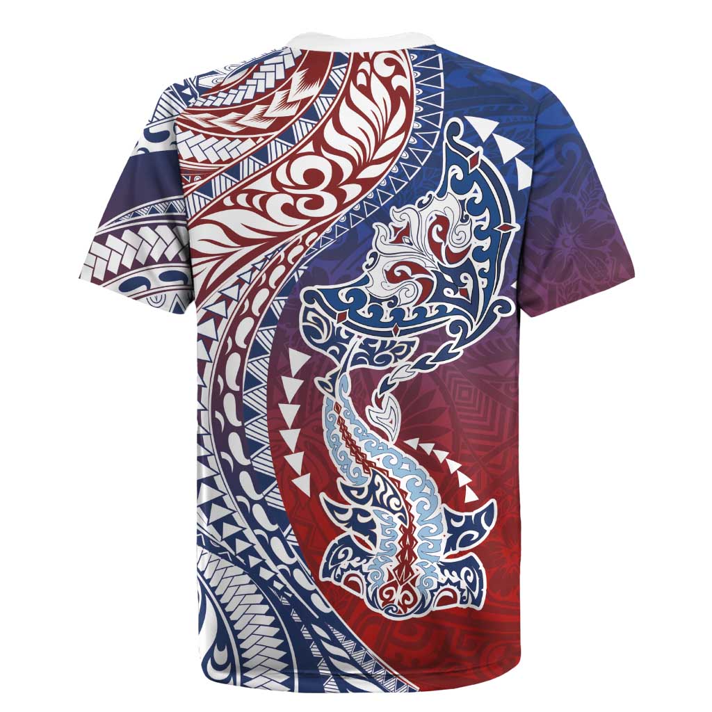 Hawaiian Manta Ray and Hammerhead Shark Tribal Tattoo Rugby Jersey with Polynesian Tribal Pattern Hawaii Flag Color LT03 - Polynesian Pride