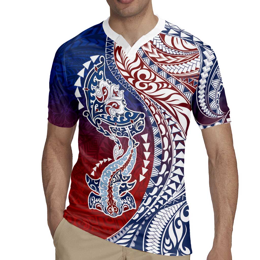 Hawaiian Manta Ray and Hammerhead Shark Tribal Tattoo Rugby Jersey with Polynesian Tribal Pattern Hawaii Flag Color LT03 - Polynesian Pride