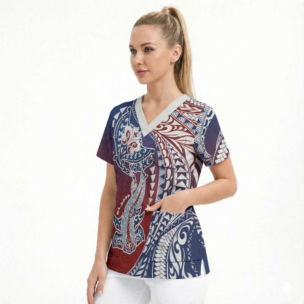 Hawaiian Manta Ray and Hammerhead Shark Tribal Tattoo Scrub Top with Polynesian Tribal Pattern Hawaii Flag Color LT03 - Polynesian Pride