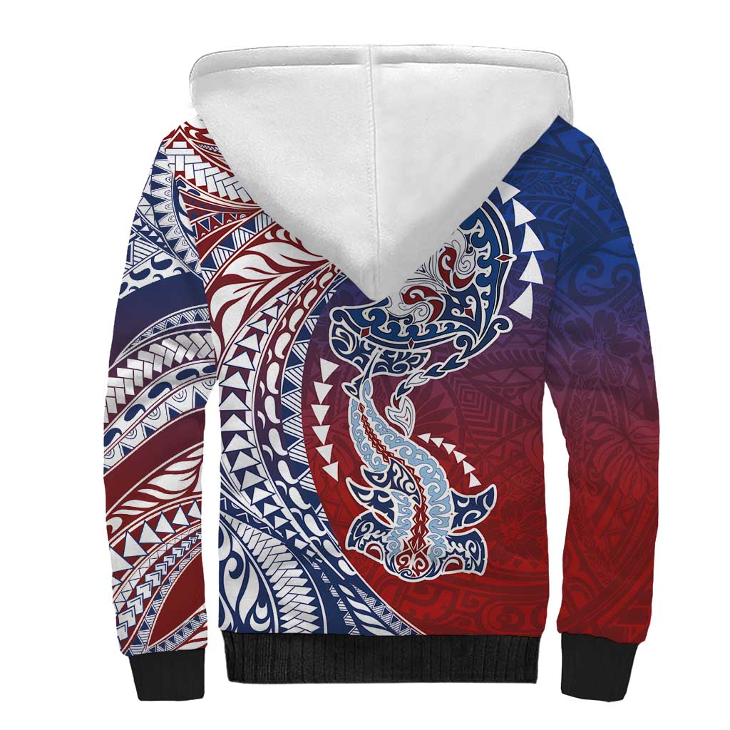 Hawaiian Manta Ray and Hammerhead Shark Tribal Tattoo Sherpa Hoodie with Polynesian Tribal Pattern Hawaii Flag Color LT03 - Polynesian Pride