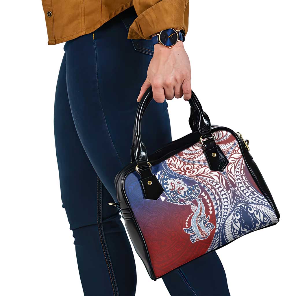 Hawaiian Manta Ray and Hammerhead Shark Tribal Tattoo Shoulder Handbag with Polynesian Tribal Pattern Hawaii Flag Color LT03 - Polynesian Pride