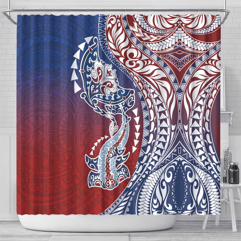Hawaiian Manta Ray and Hammerhead Shark Tribal Tattoo Shower Curtain with Polynesian Tribal Pattern Hawaii Flag Color LT03 - Polynesian Pride