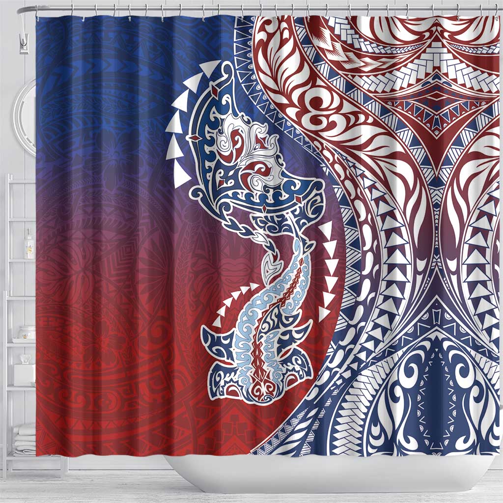 Hawaiian Manta Ray and Hammerhead Shark Tribal Tattoo Shower Curtain with Polynesian Tribal Pattern Hawaii Flag Color LT03 - Polynesian Pride