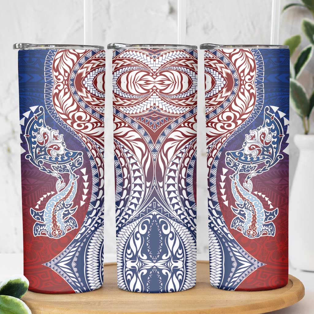 Hawaiian Manta Ray and Hammerhead Shark Tribal Tattoo Skinny Tumbler with Polynesian Tribal Pattern Hawaii Flag Color LT03 - Polynesian Pride