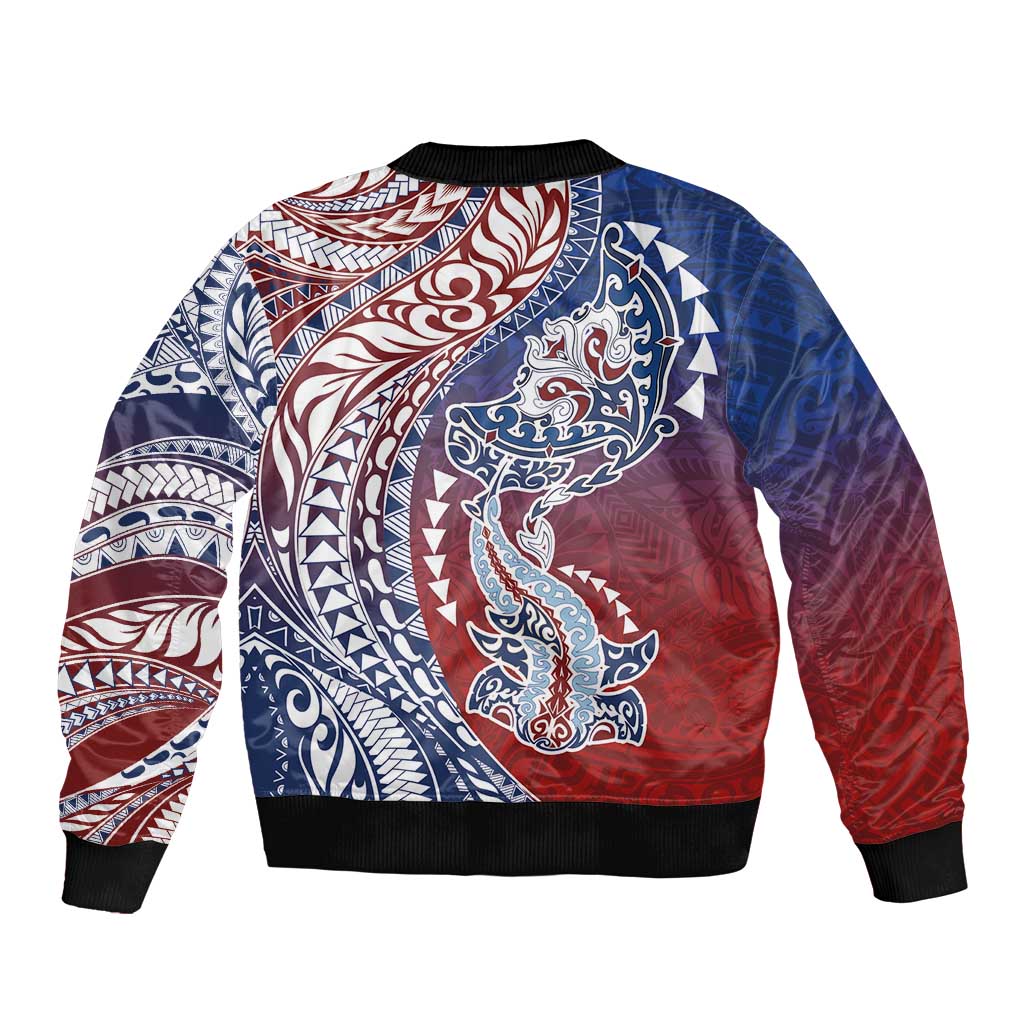 Hawaiian Manta Ray and Hammerhead Shark Tribal Tattoo Sleeve Zip Bomber Jacket with Polynesian Tribal Pattern Hawaii Flag Color LT03 - Polynesian Pride