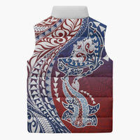 Hawaiian Manta Ray and Hammerhead Shark Tribal Tattoo Sleeveless Puffer Jacket with Polynesian Tribal Pattern Hawaii Flag Color LT03 - Polynesian Pride