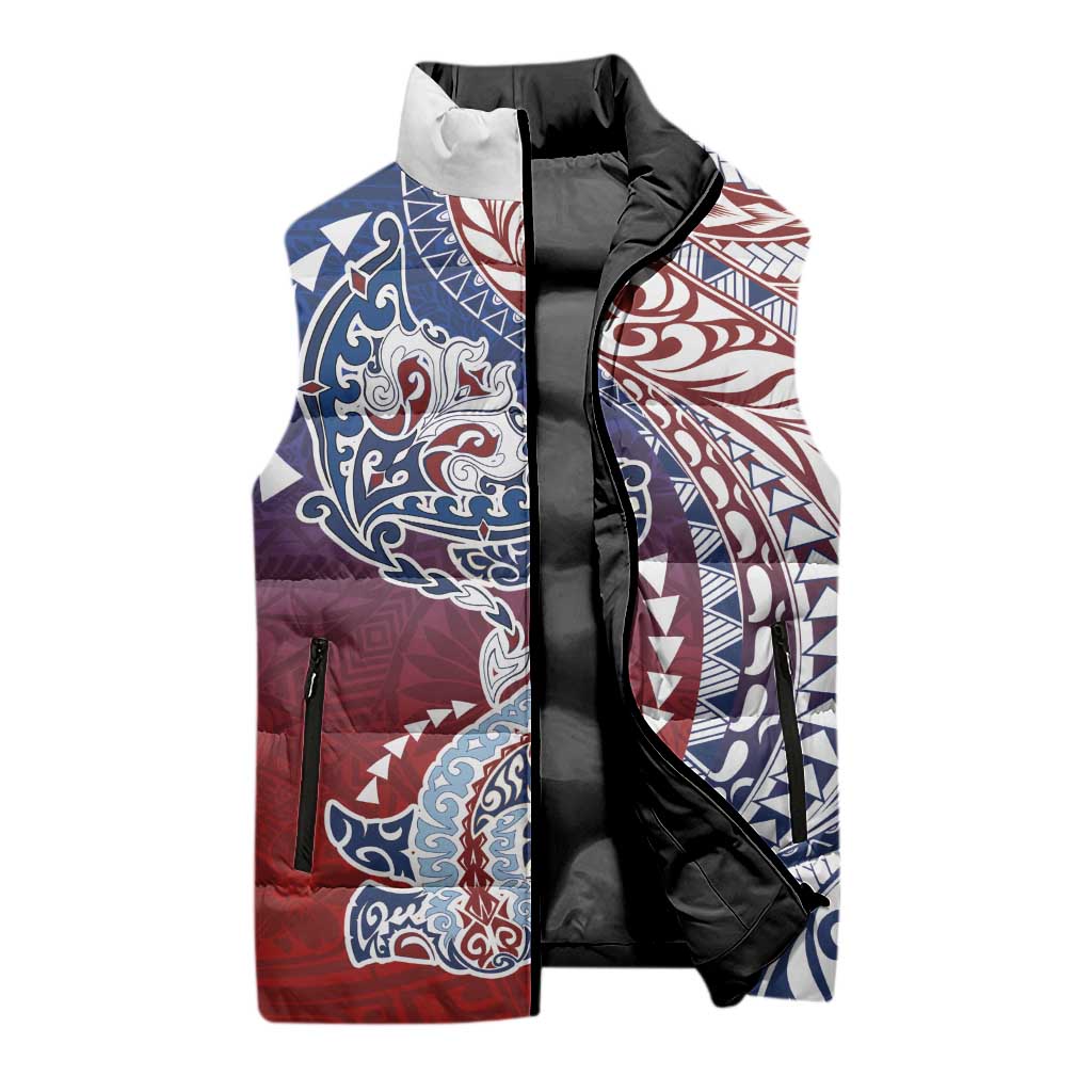 Hawaiian Manta Ray and Hammerhead Shark Tribal Tattoo Sleeveless Puffer Jacket with Polynesian Tribal Pattern Hawaii Flag Color LT03 - Polynesian Pride