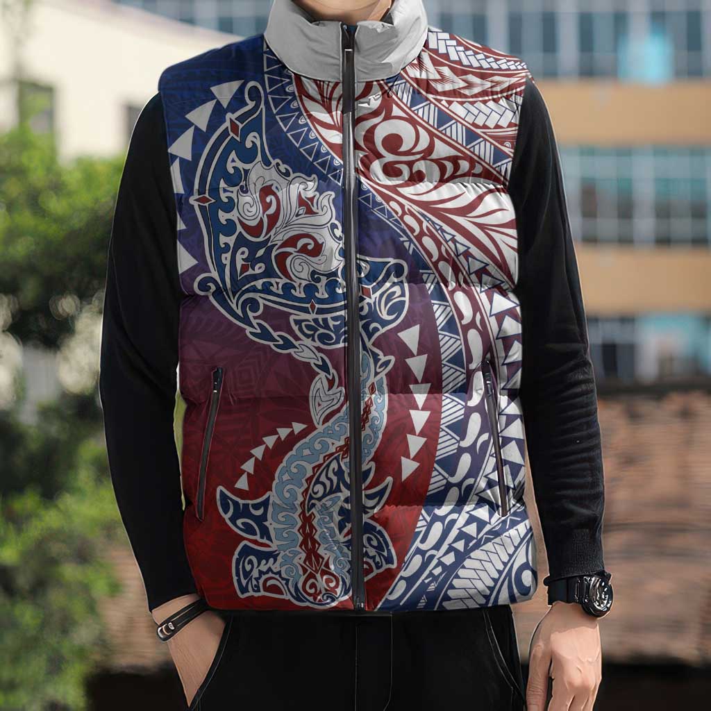 Hawaiian Manta Ray and Hammerhead Shark Tribal Tattoo Sleeveless Puffer Jacket with Polynesian Tribal Pattern Hawaii Flag Color LT03 - Polynesian Pride