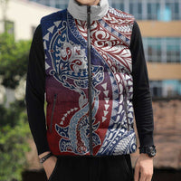 Hawaiian Manta Ray and Hammerhead Shark Tribal Tattoo Sleeveless Puffer Jacket with Polynesian Tribal Pattern Hawaii Flag Color LT03 - Polynesian Pride