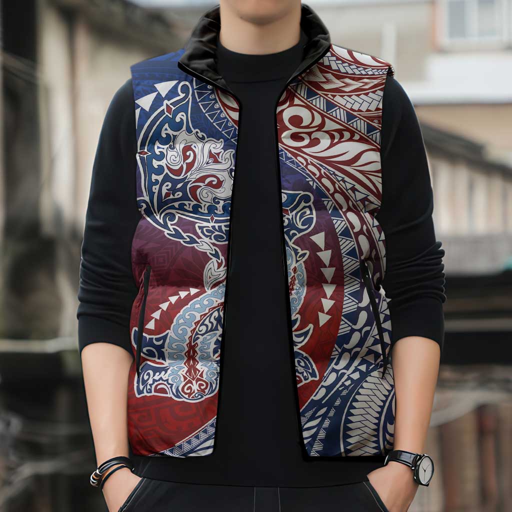 Hawaiian Manta Ray and Hammerhead Shark Tribal Tattoo Sleeveless Puffer Jacket with Polynesian Tribal Pattern Hawaii Flag Color LT03 - Polynesian Pride