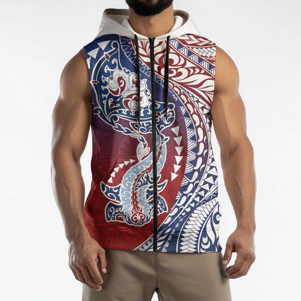 Hawaiian Manta Ray and Hammerhead Shark Tribal Tattoo Sleeveless Zip Hoodie with Polynesian Tribal Pattern Hawaii Flag Color LT03 - Polynesian Pride