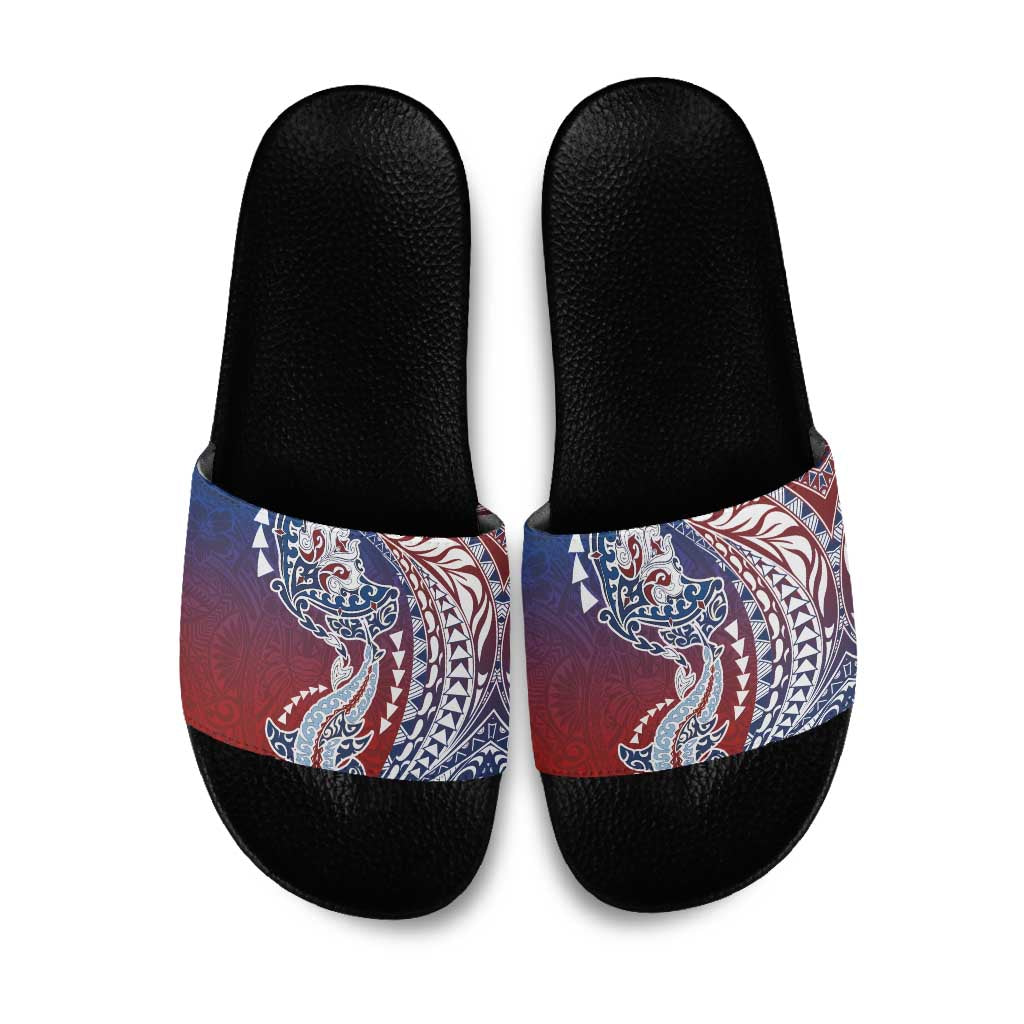 Hawaiian Manta Ray and Hammerhead Shark Tribal Tattoo Slide Sandals with Polynesian Tribal Pattern Hawaii Flag Color