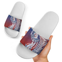 Hawaiian Manta Ray and Hammerhead Shark Tribal Tattoo Slide Sandals with Polynesian Tribal Pattern Hawaii Flag Color LT03 - Polynesian Pride