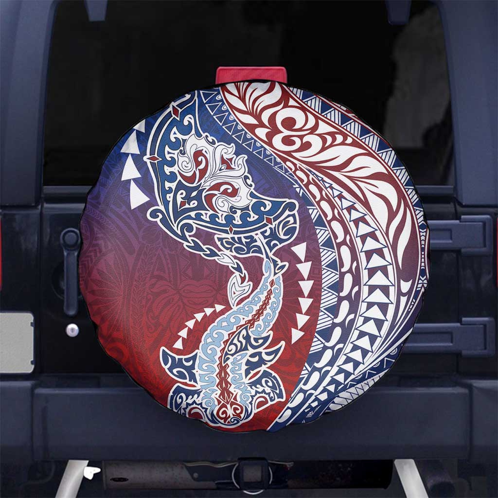 Hawaiian Manta Ray and Hammerhead Shark Tribal Tattoo Spare Tire Cover with Polynesian Tribal Pattern Hawaii Flag Color LT03 No hole Multicolor - Polynesian Pride