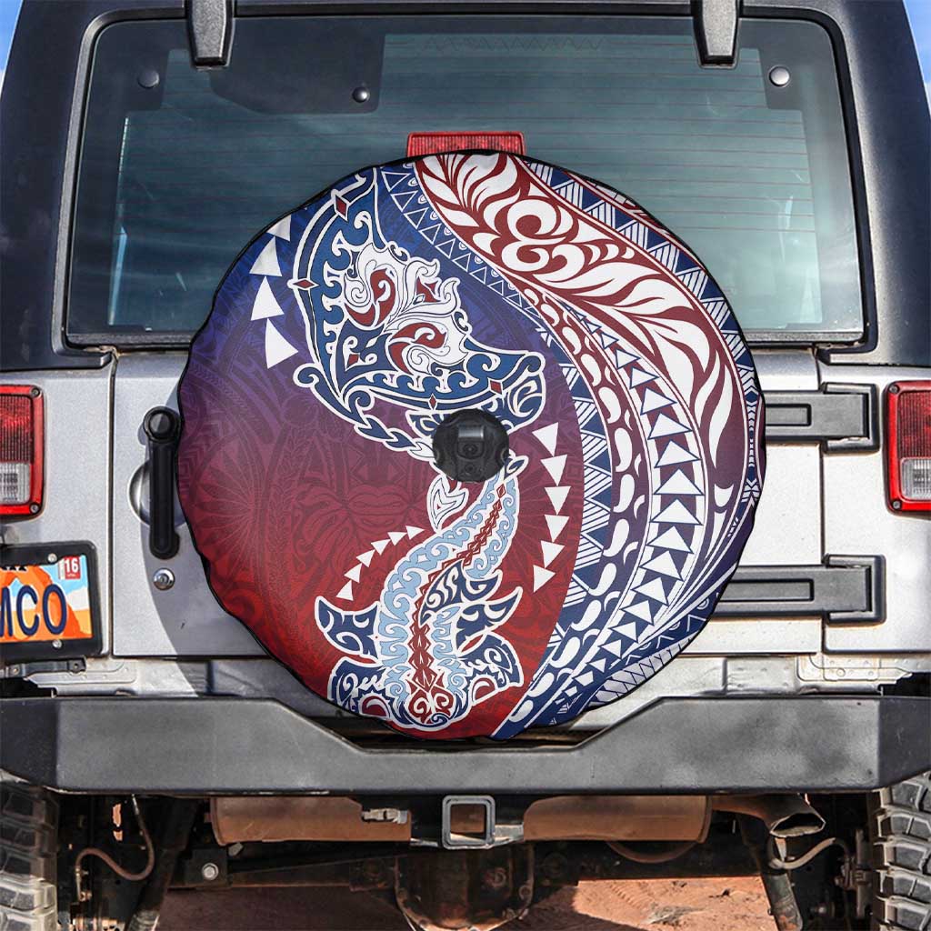 Hawaiian Manta Ray and Hammerhead Shark Tribal Tattoo Spare Tire Cover with Polynesian Tribal Pattern Hawaii Flag Color LT03 Multicolor - Polynesian Pride