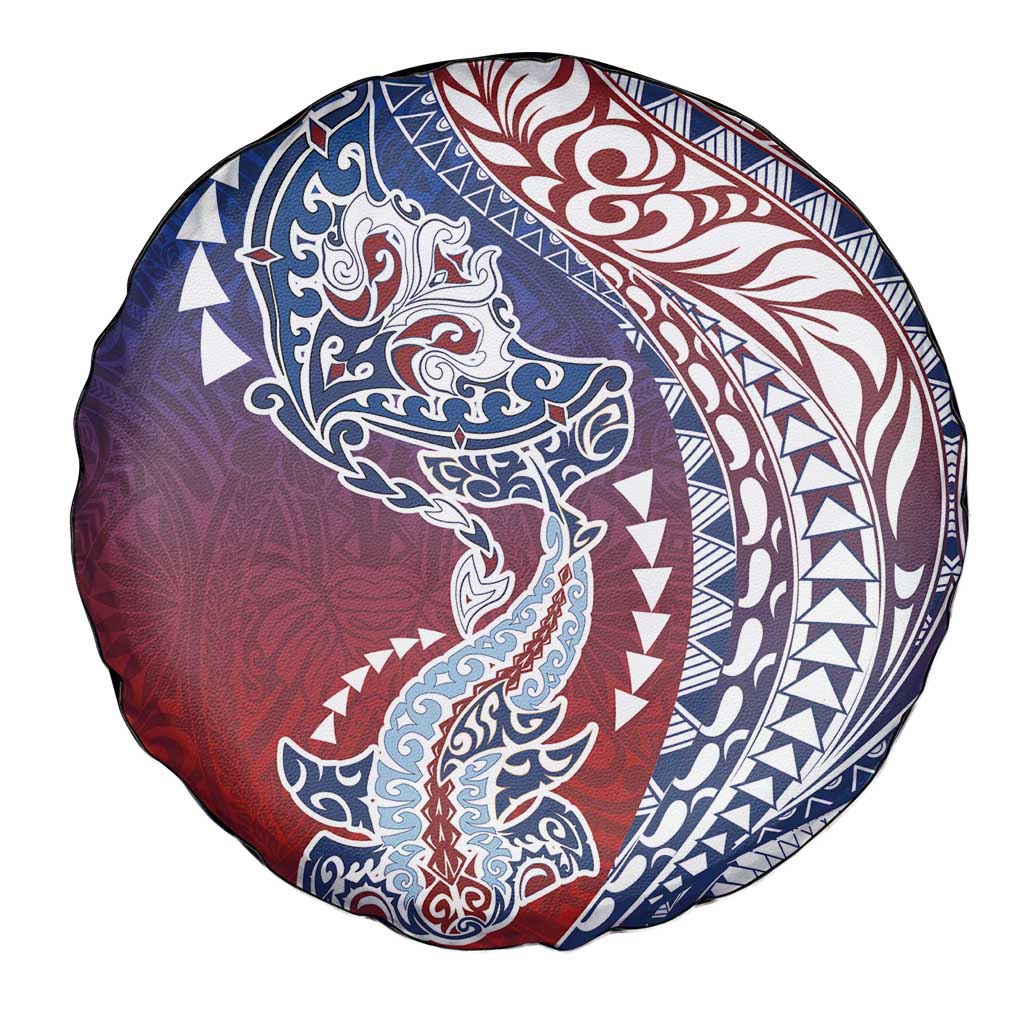 Hawaiian Manta Ray and Hammerhead Shark Tribal Tattoo Spare Tire Cover with Polynesian Tribal Pattern Hawaii Flag Color LT03 - Polynesian Pride
