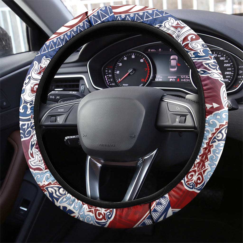 Hawaiian Manta Ray and Hammerhead Shark Tribal Tattoo Steering Wheel Cover with Polynesian Tribal Pattern Hawaii Flag Color LT03 - Polynesian Pride