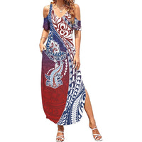 Hawaiian Manta Ray and Hammerhead Shark Tribal Tattoo Summer Maxi Dress with Polynesian Tribal Pattern Hawaii Flag Color LT03 Women Multicolor - Polynesian Pride